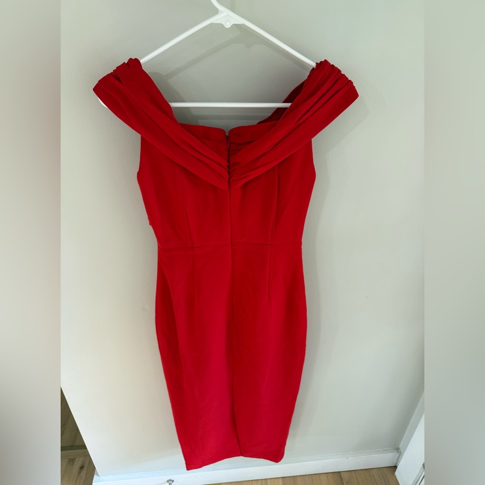 Self-Portrait Off Shoulder Ruched Sheath Midi Dress - Red - Size 0 - Picture 10 of 12
